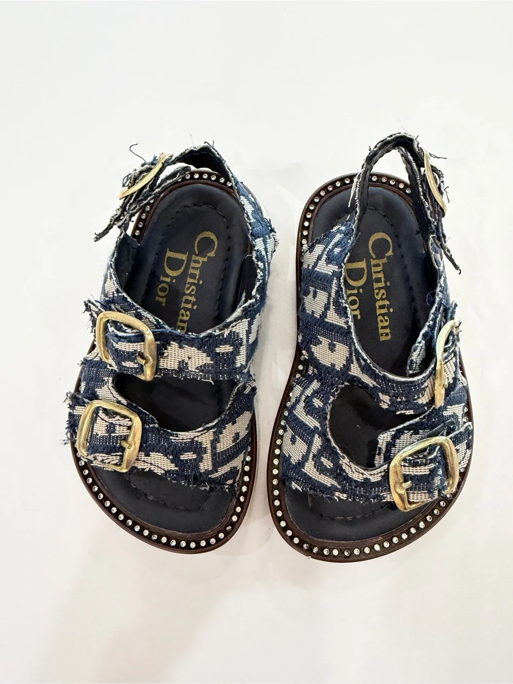 Dior Kids Blue Denim Logo Buckle Sandals with Gold Hardware